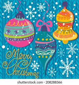 Vector Christmas cartoon illustration of Christmas toys in bright colors.