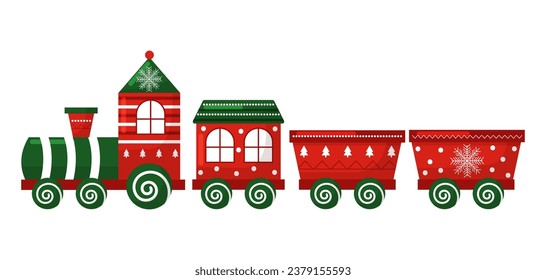 Vector christmas cartoon red train toy isolated on white background. Clipart for christmas greeting card, postcard.