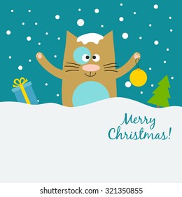 Vector Christmas cat concept. Christmas cat sitting in the snow in his paw he has a Christmas ball near Christmas tree and gift