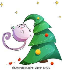 Vector Christmas cat is naughty, playing. A round cat hangs on a smart Christmas tree. Decorated Christmas tree with Christmas balls. The broken ball lies on the floor.