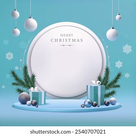 vector Christmas celebration banner. Blue new year illustration with fir tree branches, presents and decorative balls with snowflakes.