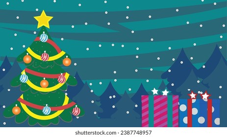 Vector of Christmas celebrations in the form of pine tree decorations and gift boxes during the snowfall