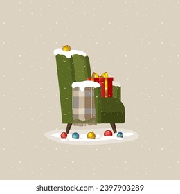 Vector Christmas chair with Santa hat , presents and snow. Great illustration for your design. 