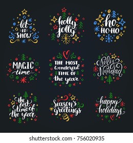 Vector Christmas chalk drawing illustrations. Set of New Year hand lettering on black background. Happy Holidays greeting cards, poster templates.