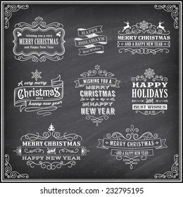 Vector Christmas Chalkboard labels with "Merry Christmas and Happy new year" variations. The art is fully layered for ease of editing.