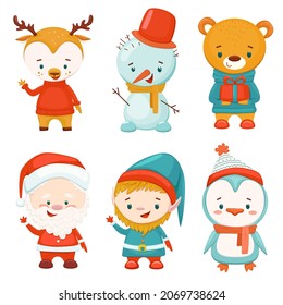 Vector christmas characters cartoon style santa, deer, snowman, elf, penguin, bear
