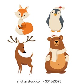 Vector Christmas characters. Fox, penguin, deer and bear. 