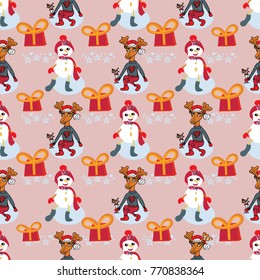 Vector Christmas characters. New year pattern with presents