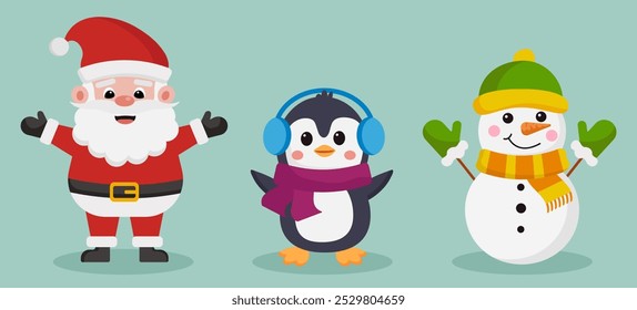 Vector Christmas characters set: Santa Claus, Penguin and Snowman. Merry Christmas concept