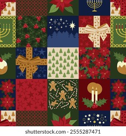 Vector Christmas cheat quilt seamless pattern background. Ideal for Christmas gifts and decorations. Perfect for wrapping, sewing, quilting and scrapbooking projects. Surface pattern design.