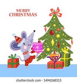 Vector Christmas childish hand drawn concept with mouse in party hat, gift boxes, decorated Christmas tree. Isolated on white. 