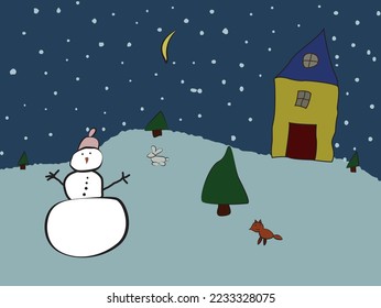Vector Christmas children's drawing of a snowman. The picture shows a snowman, a fox, a rabbit, Christmas trees and a house against the background of a snowy night sky.