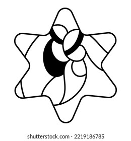 Vector Christmas Christian religious Nativity Scene of baby Jesus with Mary and Joseph. Logo star icon illustration sketch. Doodle hand drawn with black lines.