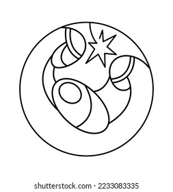 Christlich-religiöse Krippe der Geburt Jesu mit Maria und Joseph im Kreis. Skizze für das Logo-Symbol Doodle Hand gezeichnet mit schwarzen Linien.