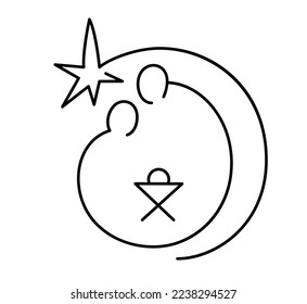 Vector Christmas Christian religious Nativity Scene of baby Jesus with Mary and Joseph and star in round frame. Logo icon illustration sketch. Doodle hand drawn with black lines.