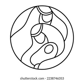 Vector Christmas Christian religious Nativity Scene of baby Jesus with Mary and Joseph in circle. Logo icon illustration sketch. Doodle hand drawn with black lines.