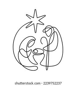 Vector Christmas Christian religious Nativity Scene of baby Jesus with Mary and Joseph and bethlehem star in round frame one line. Logo icon illustration sketch. Doodle hand drawn with black monoline.