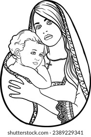 Vector Christmas Christian Christmas scene of baby Jesus with Mary vector illustration. Linear black and white illustration.