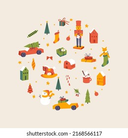 Vector Christmas circle composition with traditional decorations. Xmas backgrounds