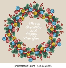 Vector Christmas circle decoration and plants. Hand drawing jingle bells, plants, mistletoe and red berries branch illustration.