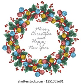 Vector Christmas circle decoration and plants. Hand drawing jingle bells, plants, mistletoe and red berries branch illustration.