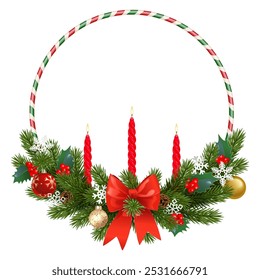 Vector Christmas Circle Fir Decoration with Red Candles isolated on white background