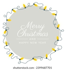 Vector Christmas circle template frame card with yellow Christmas lights and snowflakes. Text: Merry Christmas and Happy New Year.