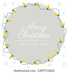 Vector Christmas circle template frame card with yellow Christmas lights and snowflakes. Text: Merry Christmas and Happy New Year.