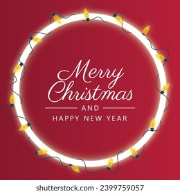 Vector Christmas circular frame wrapped with yellow Christmas lights. Text: Merry Christmas and Happy New Year. Red background