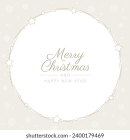 Vector Christmas circular frame wrapped with Christmas stars and circles. Text: Merry Christmas and Happy New Year. White background