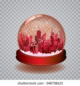 vector Christmas in the city with transparent editable red snow globe