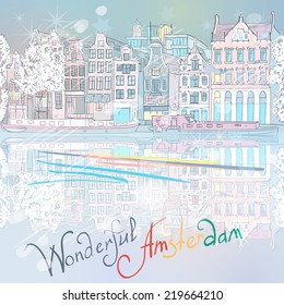 Vector Christmas city view of Amsterdam canal, typical dutch houses and boats, Holland, Netherlands. 
