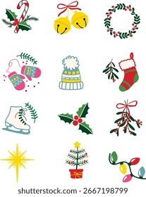 Vektor Weihnachten Clipart-Set - festliche Symbole - Zuckerrohr, Glocken, Kranz, Fäustlinge, Winterhut, Strumpf, Eislaufen, heilig, Mistel, Stern, Weihnachtsbaum und Feiertagsleuchten