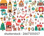 Vector Christmas clipart set. New Year icons collection with Santa Claus, elves, deer, fir tree, presents, houses, animals, snowman. Cute festive illustrations for kids. Winter holiday design pack 
