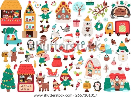 Vector Christmas clipart set. New Year icons collection with Santa Claus, elves, deer, fir tree, presents, houses, animals, snowman. Cute festive illustrations for kids. Winter holiday design pack 
