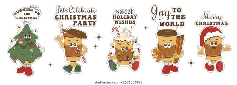 Vetor café de Natal em um estilo relógio. Um conjunto de adesivos de Feliz Natal com personagens e frases na moda. Árvore de Natal com luzes, café com canela.