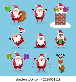 vector christmas collection of cute cartoons of santa claus and red nosed reindeer, rudolph. funny characters for merry christmas  and new year illustrations. santa claus skiing, in chimney, with bell