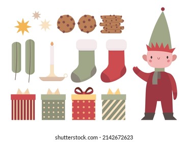 Vector Christmas Collection with Elf, Cookies, Socks, Presents, Candelabrum with Candle, Stars and Christmas Tree Branches. Cute Winter Set, perfect for Children's Clothes and Fabric, Wrapping paper.