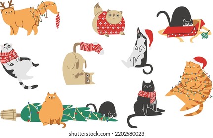 Vector Christmas Collection. Funny Christmas cats. Cute cats knocked down the Christmas tree and tangled in the garlands 