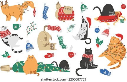 Vector Christmas Collection. Funny Christmas cats. Cozy elements for Christmas design, toys, mittens, scarves, Christmas tree branches