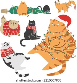 Vector Christmas Collection. Funny Christmas cats. Cute cats knocked down the Christmas tree and tangled in the garlands 