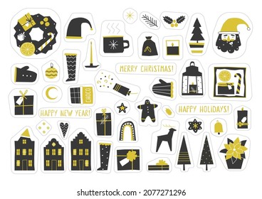 Vector Christmas collection with isolated flat elements. Stickers with xmas trees, gingerbread cookies. gift boxes, candles create magic mood. Scandinavian minimalistic style. White background