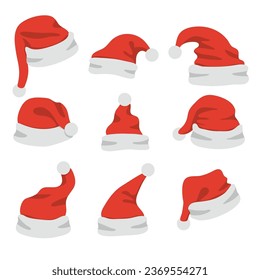 vector christmas collection of santa claus hats isolated on white background. holiday santa cap for christmas