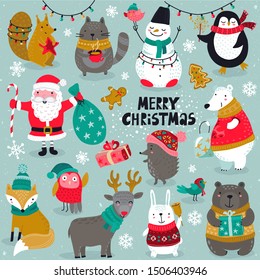 Vector Christmas collection of Santa, snowman, cute winter animals including bear, deer, rabbit, fox, owl, squirrel, bird and wearing winter outfits.