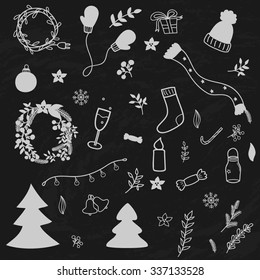 Vector christmas collection with snowflakes, mittens, branches, wreath, toys and trees.