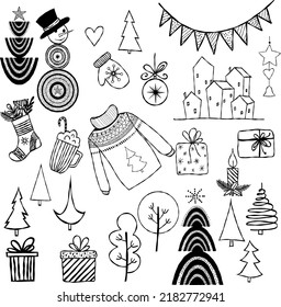 Vector Christmas collection with traditional Christmas symbols and decorative elements. Vector Christmas contour set