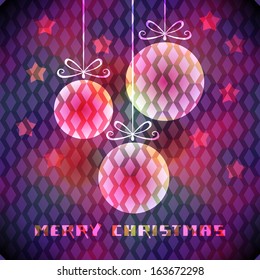 Vector christmas color background with sparkling decoration, stars, greeting inscription. Original elegant poster. Abstract decorative purple illustration in disco geometric style for print, web 