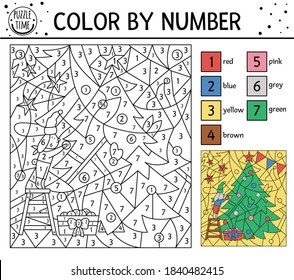 Vector Christmas color by number activity with rabbit decorating fir tree. Winter holiday coloring and counting game with cute animal. Funny New Year coloration page for kids. 
