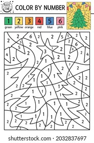 Vector Christmas color by number activity with fir tree, star, colored flags. Winter holiday counting game. Funny New Year coloring page for kids. 
