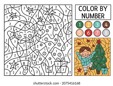 Vector Christmas color by number activity with fir tree, boy, gift box. Winter holiday coloring and counting game with cute kid. Funny New Year coloration page for kids. 
